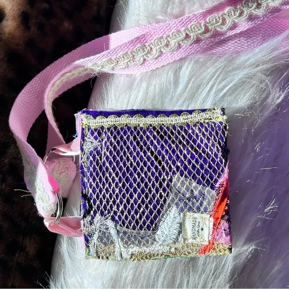 Fabric Collage Wallet Hand Crafted Pink and Black Butterfly Bag Purse Necklace - Picture 8 of 10